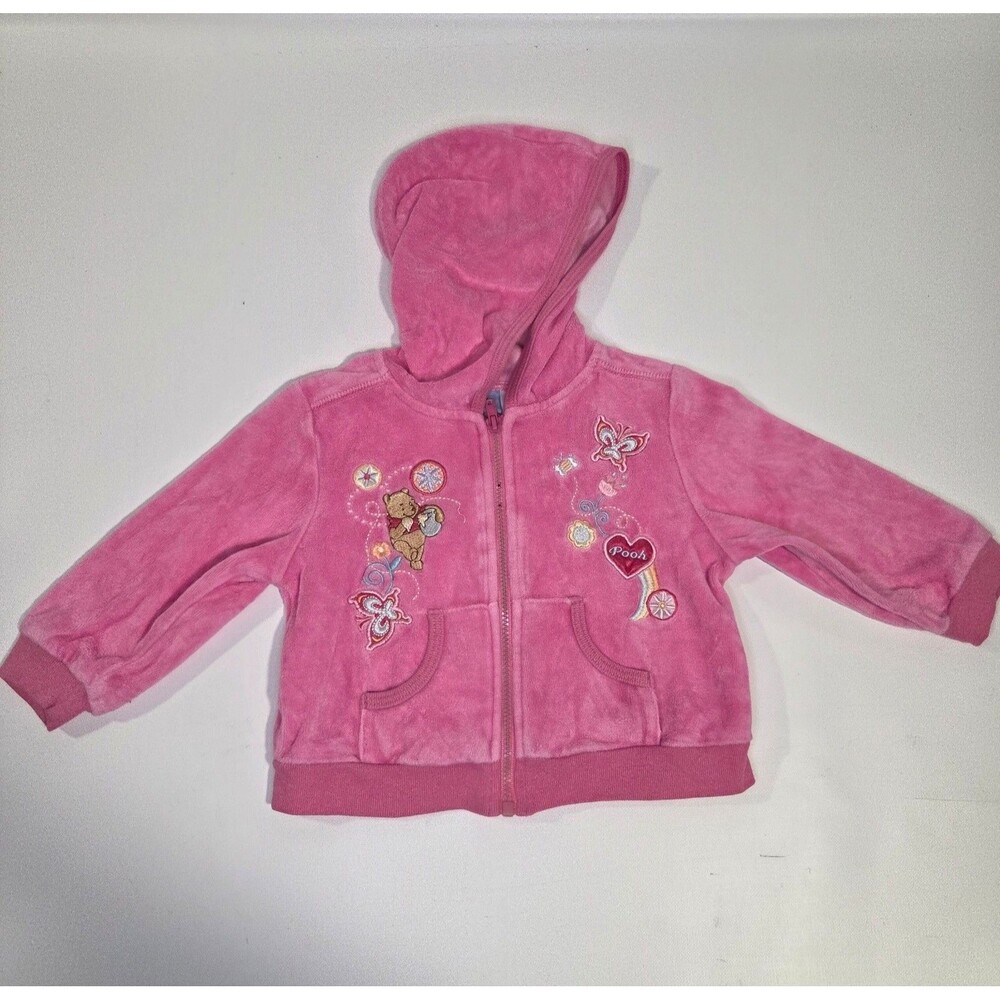 Vintage Winnie the Pooh Baby Girls Pink Fleece Zip-Up Hoodie Jacket 18 M Disney